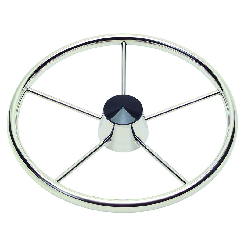 Schmitt & Ongaro 170 13.5" Stainless 5-Spoke Destroyer Wheel w- Black Cap and Standard Rim - Fits 3-4" Tapered Shaft Helm