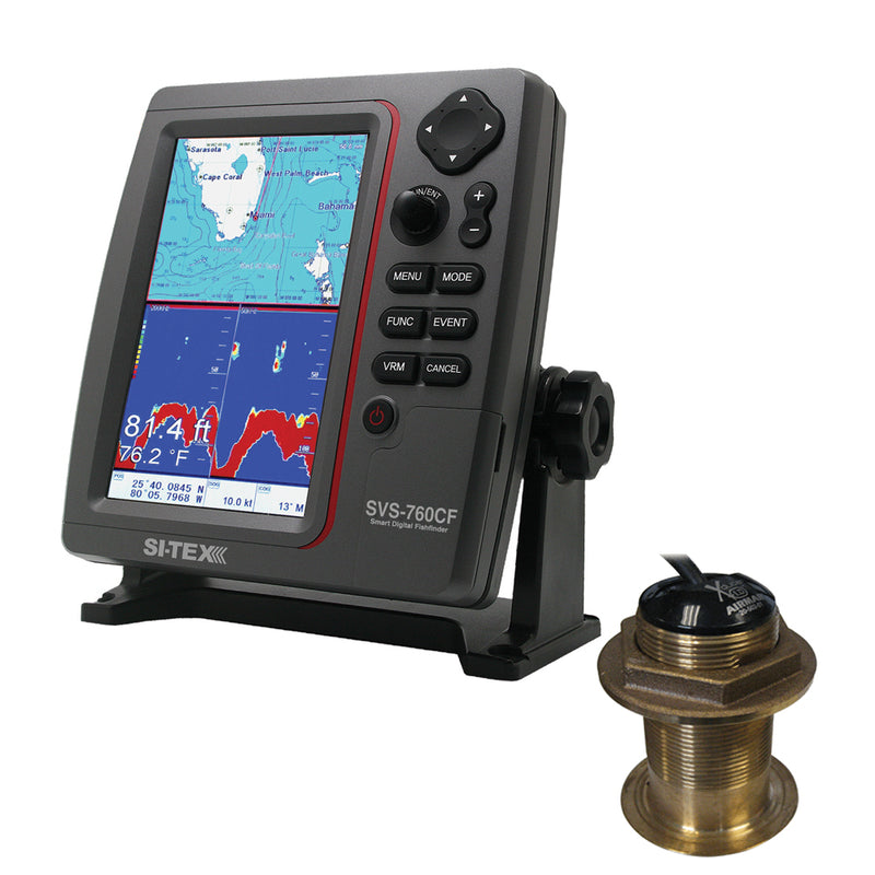 SI-TEX SVS-760CF Dual Frequency Chartplotter-Sounder w- Navionics+ Flexible Coverage & Bronze 20 Degree Transducer