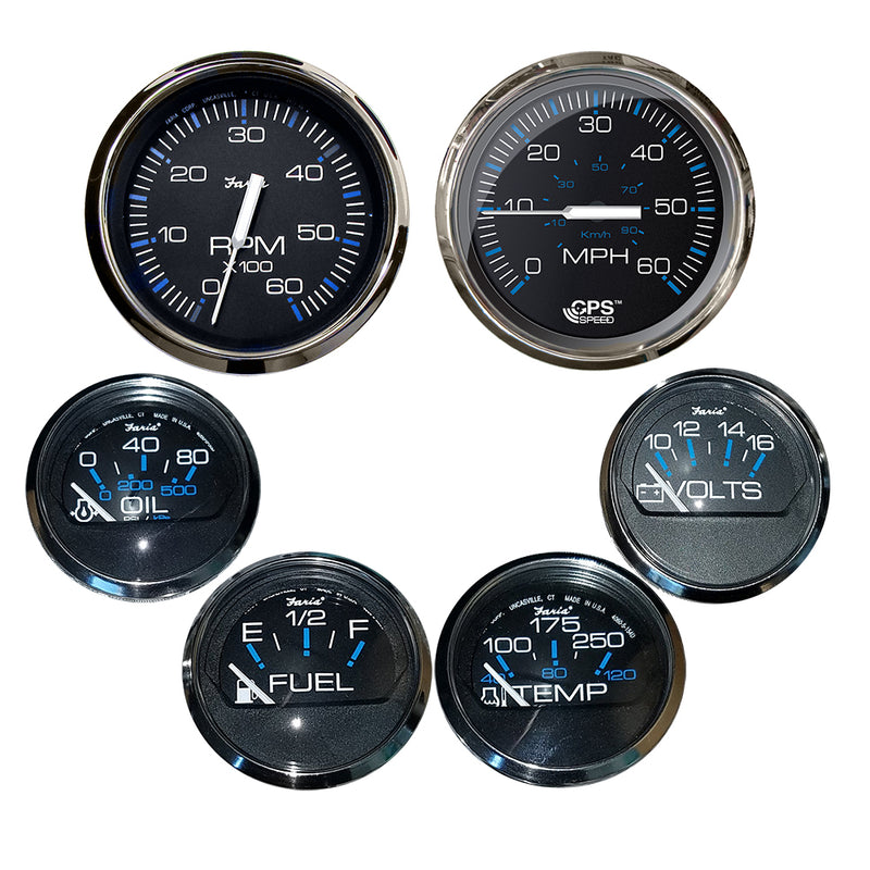 Faria Chesapeake Black w-Stainless Steel Bezel Boxed Set of 6 - Speed, Tach, Fuel Level, Voltmeter, Water Temperature & Oil PSI - Inboard Motors