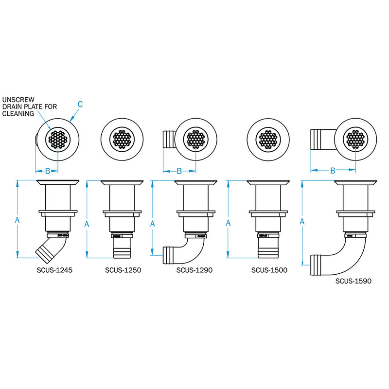 GROCO 1-1-4" Hose Barb Stainless Straight Deck Drain