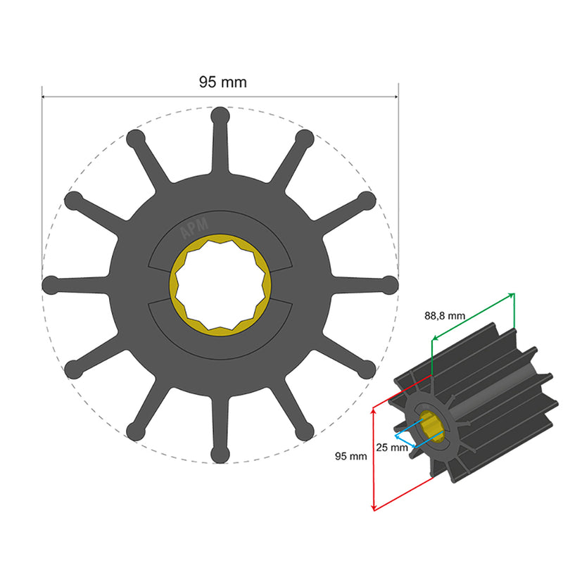 Albin Pump Premium Impeller Kit 95 x 25 x 88.8mm - 12 Blade - Spline Insert