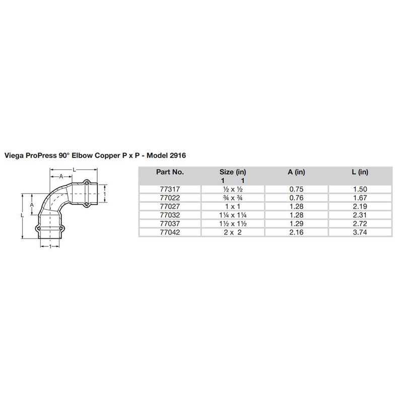 Viega ProPress 1-2" - 90° Copper Elbow - Double Press Connection - Smart Connect Technology