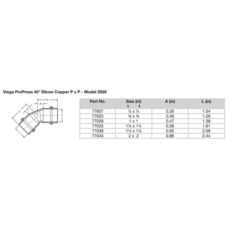 Viega ProPress 1-2" - 45° Copper Elbow - Double Press Connection - Smart Connect Technology