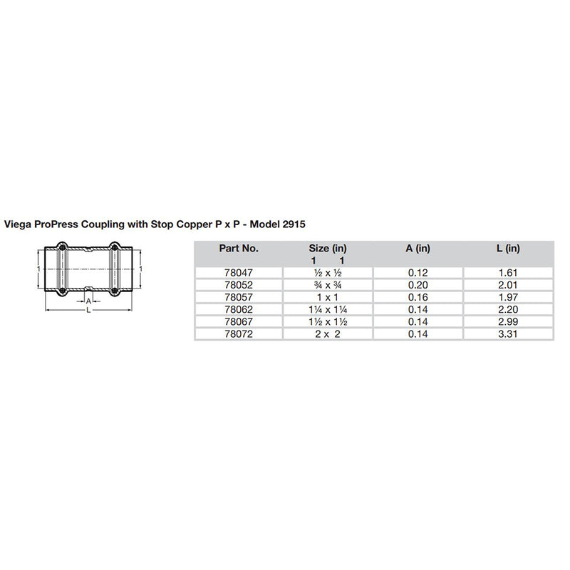 Viega ProPress 1-2" Copper Coupling w-Stop - Double Press Connection - Smart Connect Technology