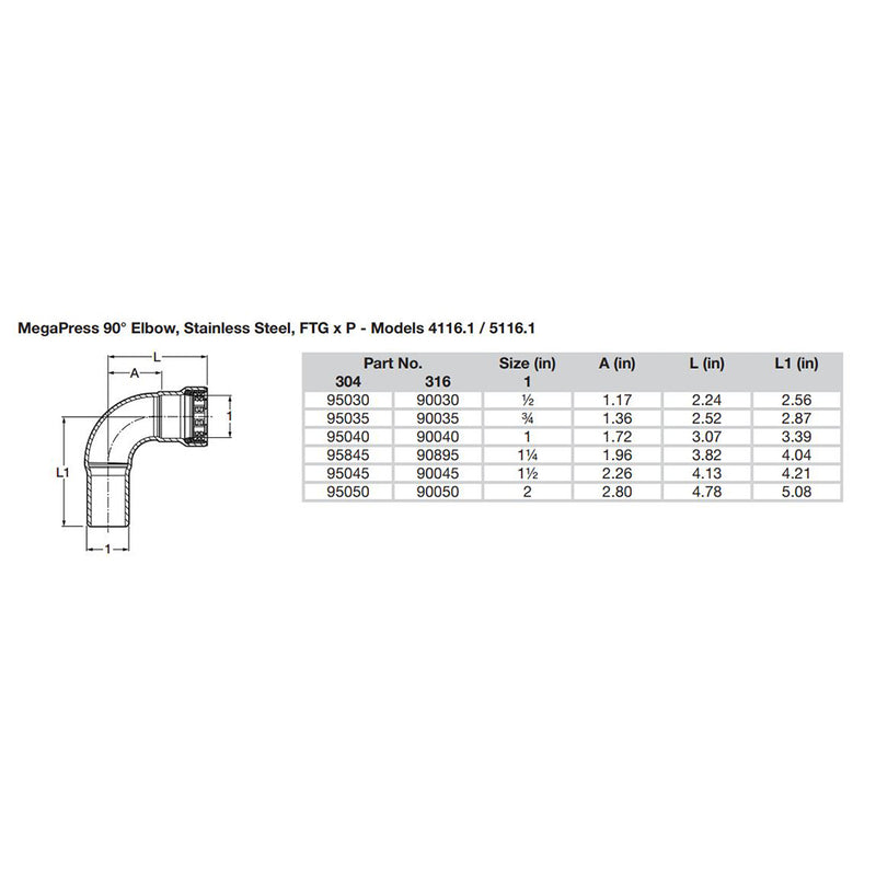 Viega MegaPress 3-4" 90° Stainless Steel 304 Elbow Street - Press Connection - Smart Connect Technology