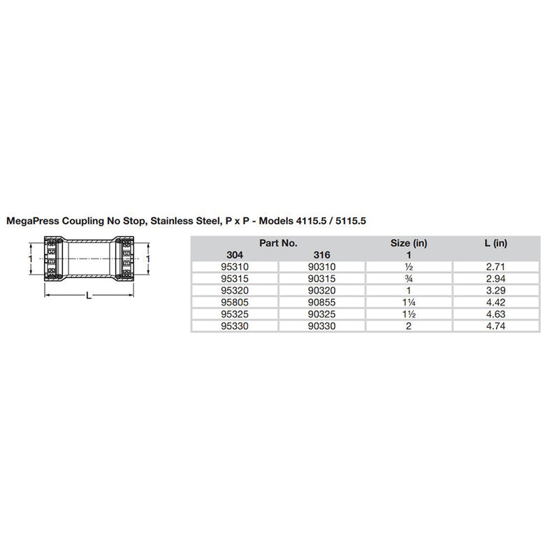 Viega MegaPress 1-2" Stainless Steel 304 Coupling w-o Stop - Double Press Connection - Smart Connect Technology