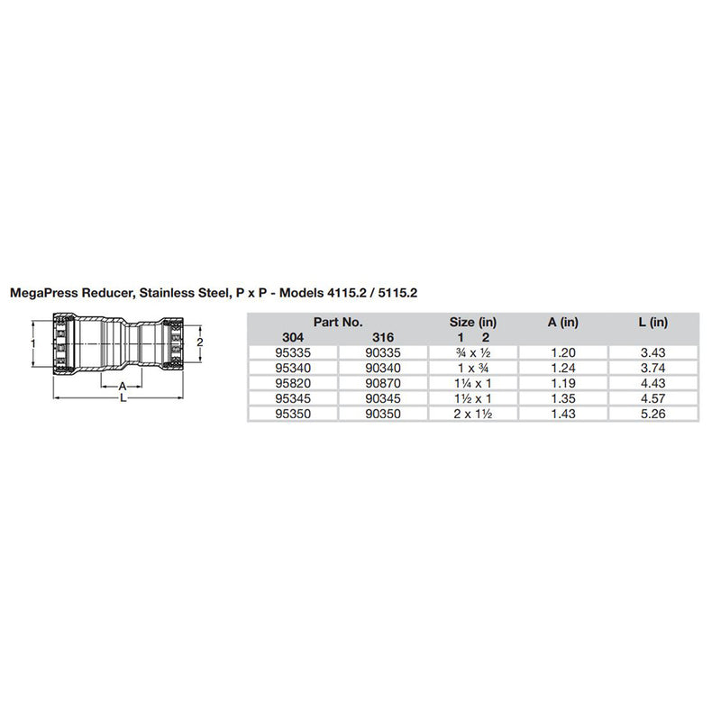 Viega MegaPress 1" x 3-4" Stainless Steel 304 Reducer - Double Press Connection - Smart Connect Technology