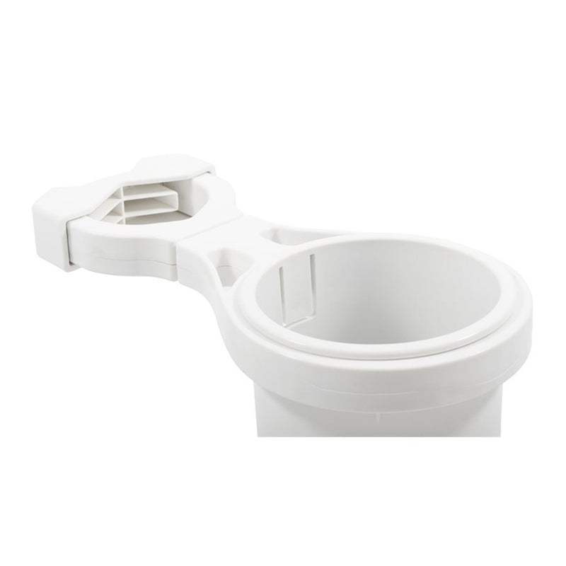 Camco Clamp-On Rail Mounted Cup Holder - Small for Up to 1-1-4" Rail - White