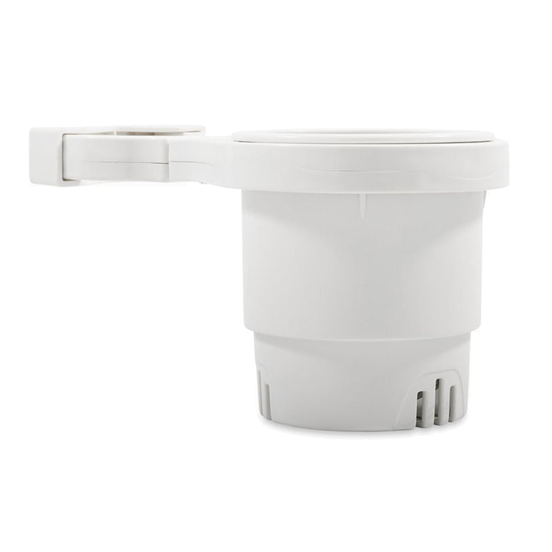 Camco Clamp-On Rail Mounted Cup Holder - Small for Up to 1-1-4" Rail - White